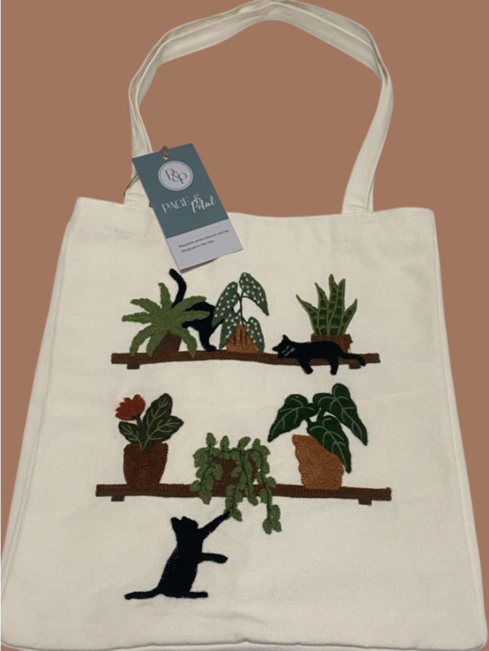 Cream Tote Bag with Embroidered Black Cats & Green Plants - Page & Petal